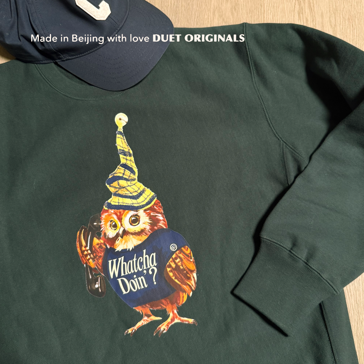 2025duet原创 猫头鹰系列森林绿薄绒侧面螺纹圆领休闲卫衣