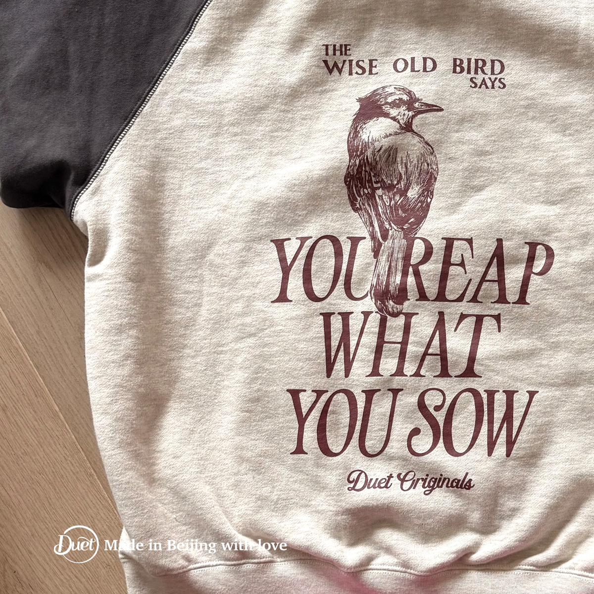 2025duet原创 插肩袖老鸟系列后背印花拉链连帽卫衣