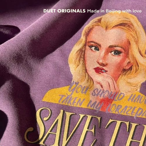 2025duet原创 金发女郎水洗紫做旧印花圆领休闲毛圈卫衣