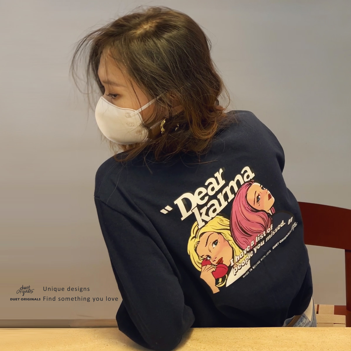 duet原创 漫画风格牛仔蓝长袖T恤