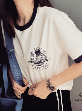 duet originals原创 讽刺协会复古校园风拼接螺纹设计全棉短袖T恤