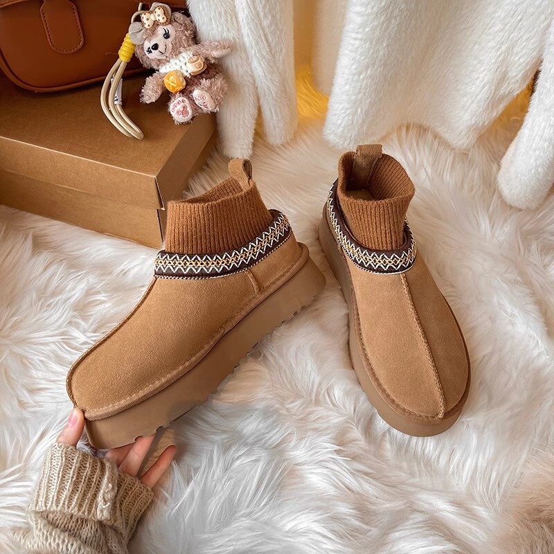 thumbnail for Hong Kong genuine leather ethnic style sock set, snow boots for women, 2026 spring/autumn thick-soled fleece-lined warm lambswool casual sock boots