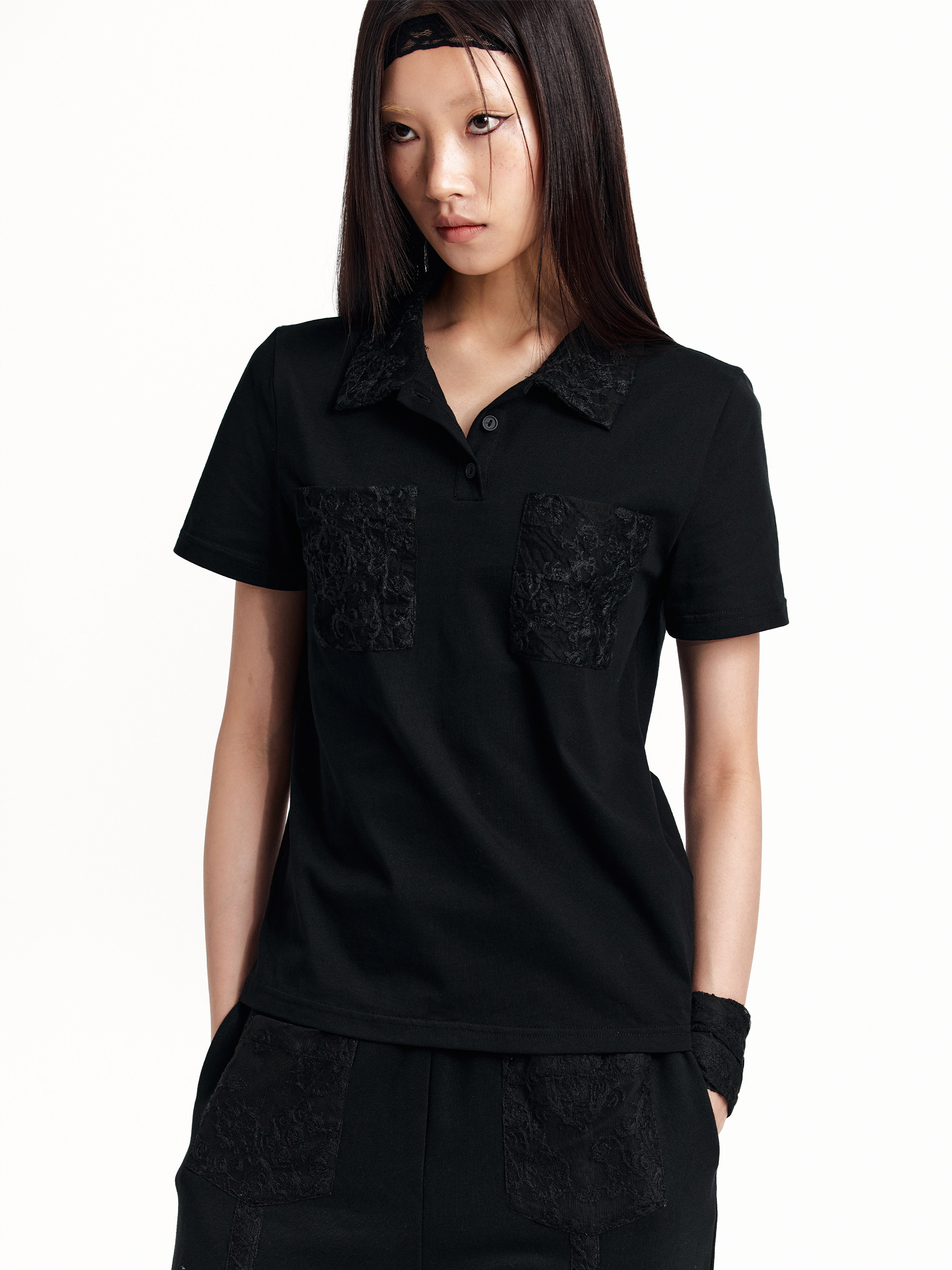 RUSTYNAILLS ORIGINAL NICHE DESIGN THREE-DIMENSIONAL LACE EMBROIDERY STITCHING FULL-SHOULDERED SHORT-SLEEVED POLO SHIRT T-SHIRT TOP WOMEN
