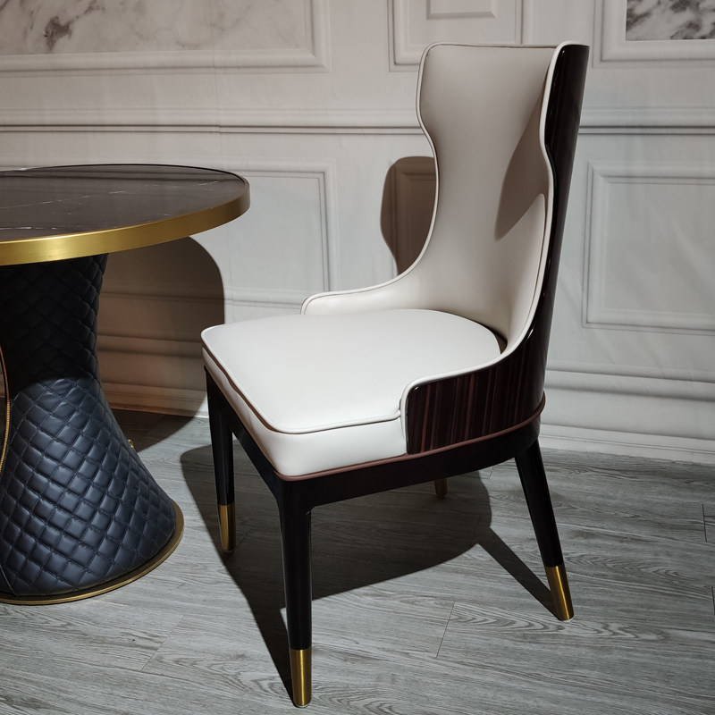 轻奢酒店椅子实木餐椅皮质洽谈桌椅组合黑檀木纹亮光钢琴漆椅子