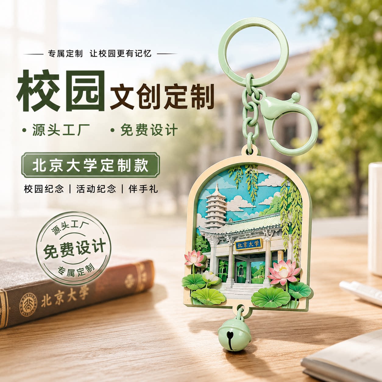 钥匙扣定制logo木质亚克力开学季礼物校园文创纪念礼品立体小挂件 - 实物图
