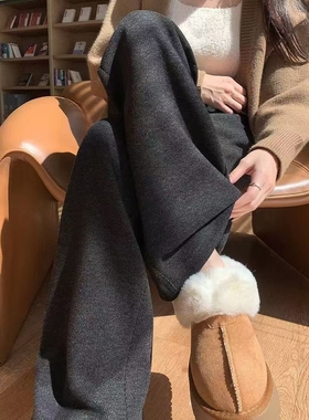 杏色毛呢人字纹直筒裤女秋冬2025春季新款高腰垂感加绒阔腿裤长裤