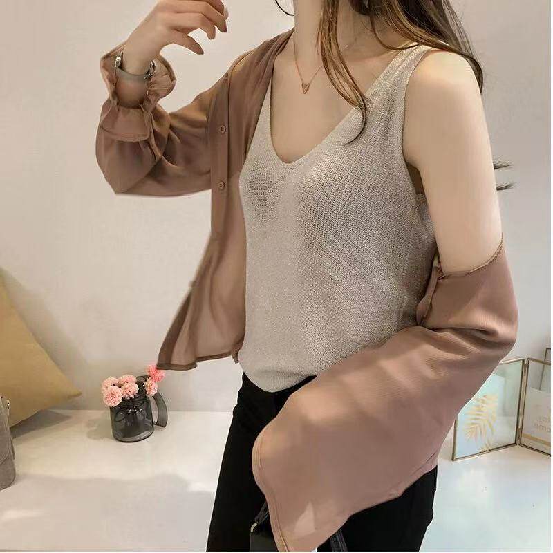 夏季凉爽鎏金纱V领针织背心女