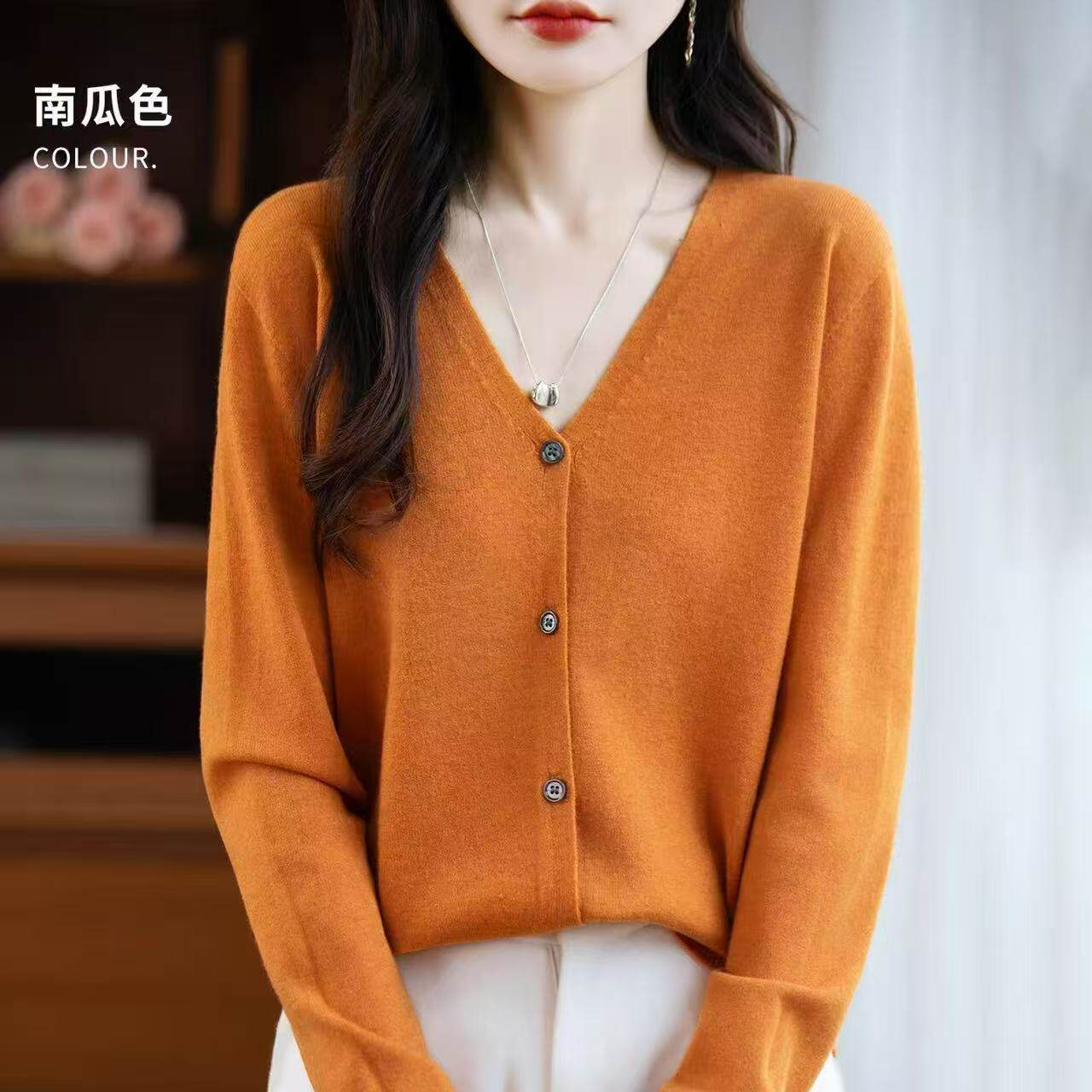 一线成衣~针织开衫外套女春秋宽松大码毛衣V领长袖上衣薄款针织衫