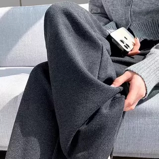 米色毛呢阔腿裤女秋冬加绒直筒窄版人字纹加厚宽松加长春秋针织裤