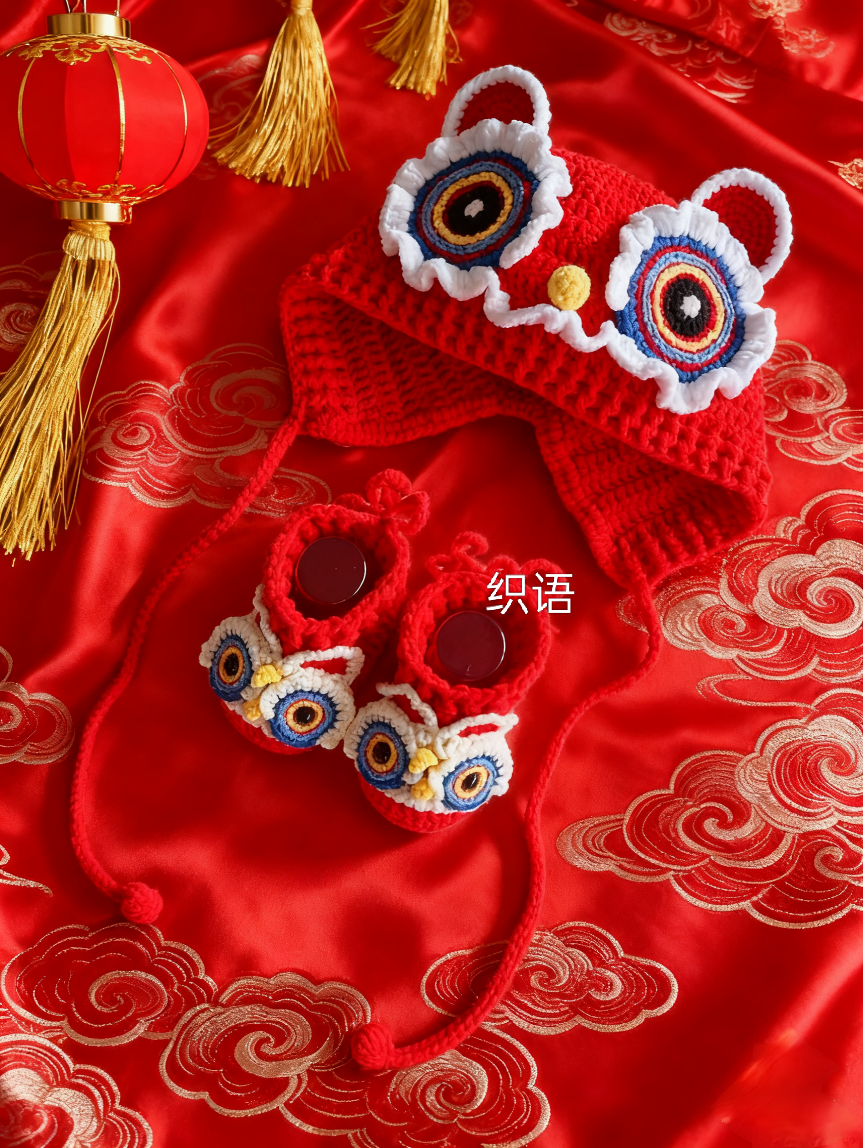 国潮萌娃手工编织虎头醒狮鞋帽套装成品，宝宝鞋新生儿礼赠穿搭