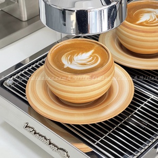 日式复古侘寂风粗陶咖啡杯碟土星陶瓷手握拉花杯碟圆嘟嘟热拿铁杯