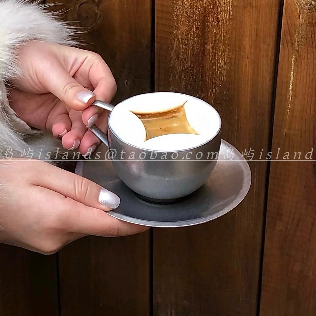 复古做旧磨砂杯双层隔热拿铁杯304不锈钢杯碟套装网红咖啡店同款