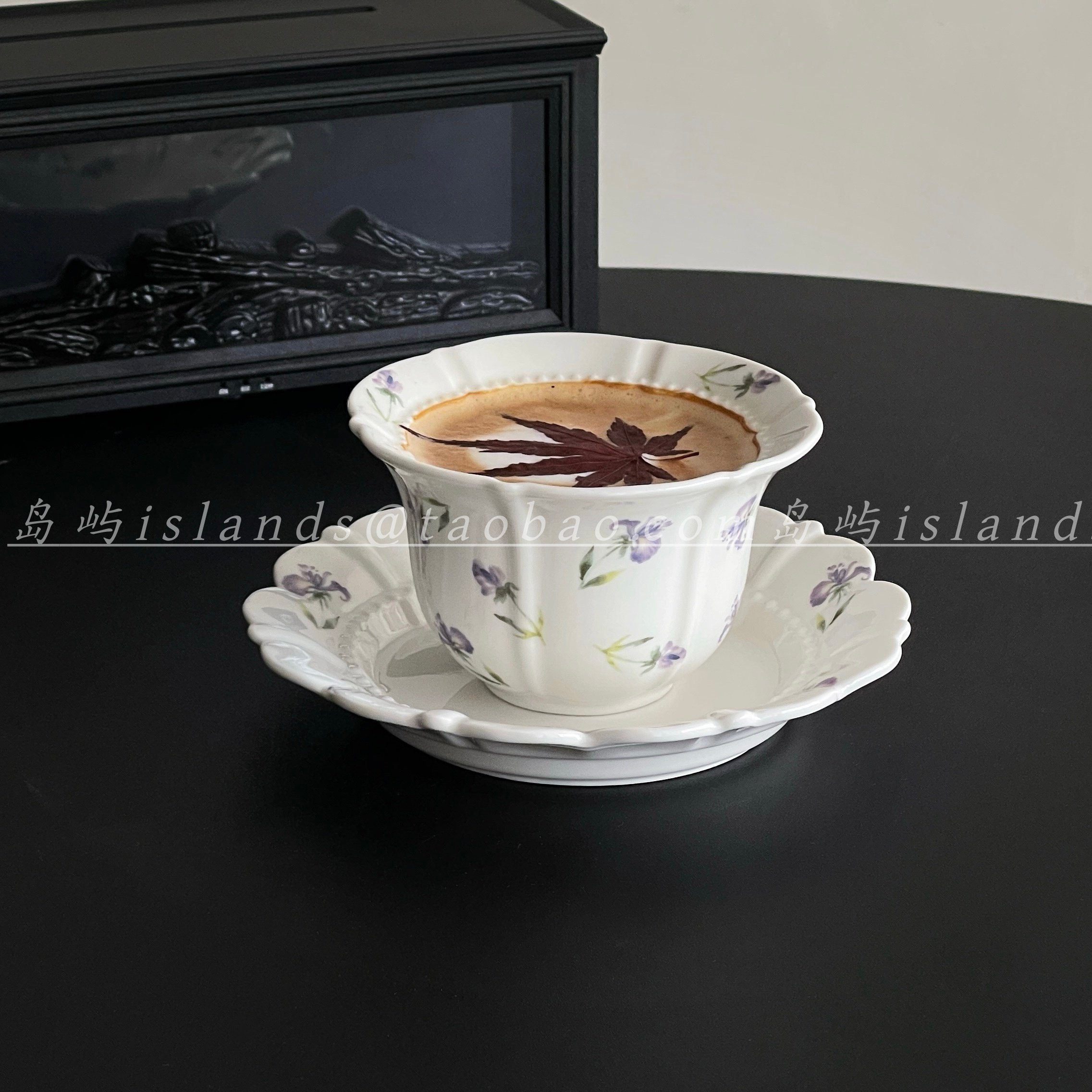 法式复古无把陶瓷杯碟套装薰衣草花珠咖啡杯下午茶杯精致花边杯
