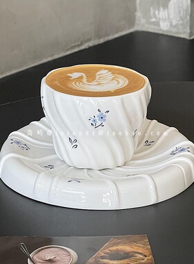 法式vintage蓝色碎花手握杯碟小清新陶瓷斜纹拿铁拉花杯咖啡杯碟