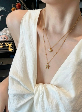 法式海边风海星贝壳双层项链小众精致细链温柔百搭度假锁骨链礼物