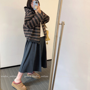 秋冬新款 miu系女高显瘦高级灰色百褶裙半身长裙 女装 小珠桃子大码