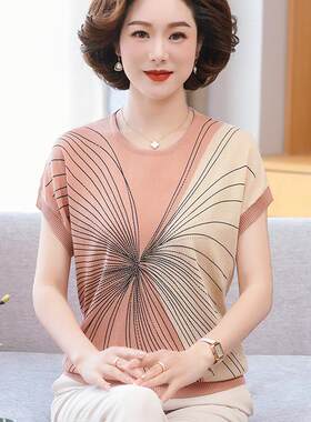 年轻妈妈装夏季新款短袖T恤中老年冰丝小衫洋气上衣薄款套装气质