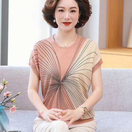 年轻妈妈装夏季新款短袖T恤中老年冰丝小衫洋气上衣薄款套装气质