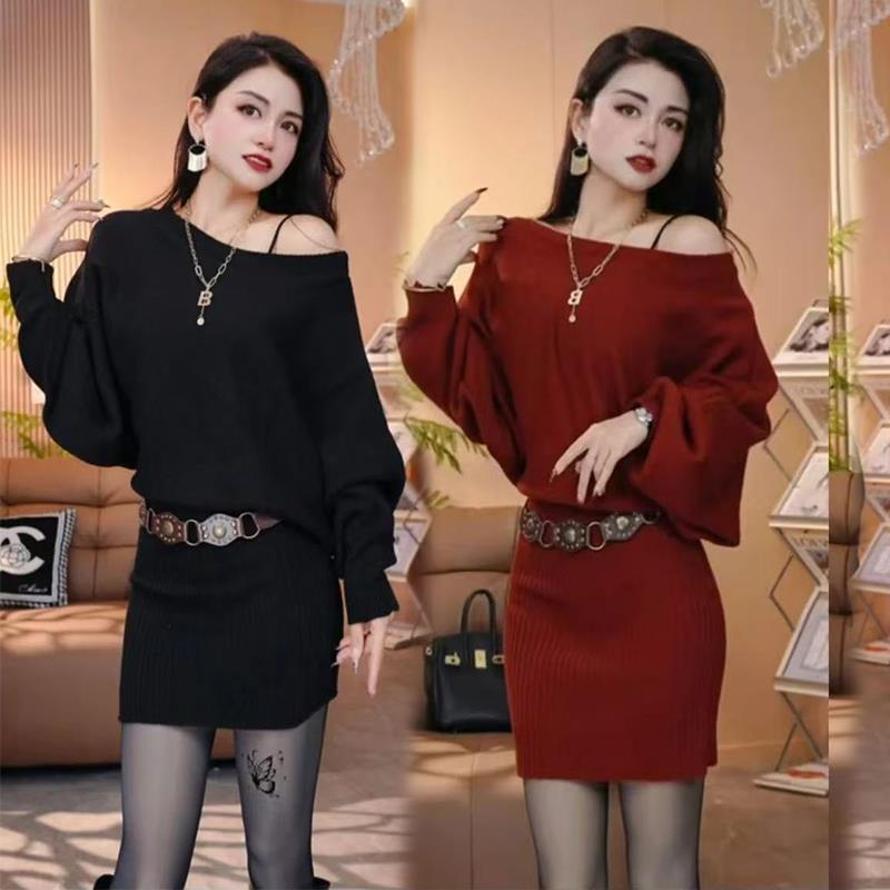 可拉肩针织连衣裙修身包臀裙