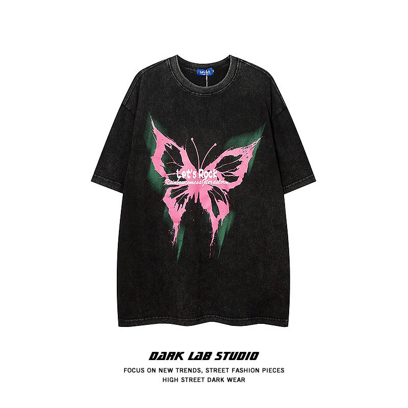 复古做旧蝴蝶印花水洗短袖T恤