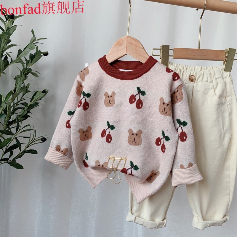 邦凡迪女童套头毛衣2020秋冬季新款宝宝小熊樱桃针织衫儿童洋气网