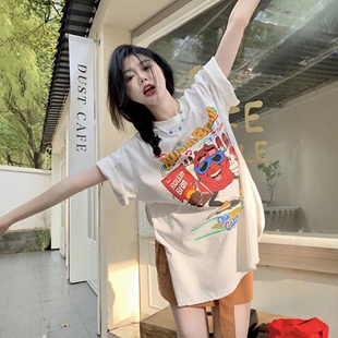 卡通印花中长款t恤女夏正肩潮流韩版乞丐装宽松大版磨破时尚上衣