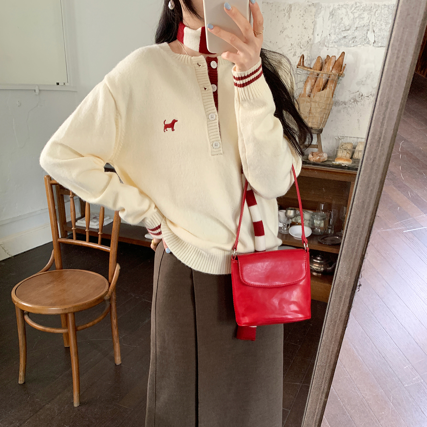 老钱风针织衫女秋冬长袖宽松大版小狗刺绣纽扣开筒复古间色潮毛衣