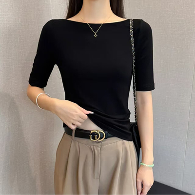 一字领t恤女春夏2026新款修身显瘦小个子极简风休闲正肩中袖上衣