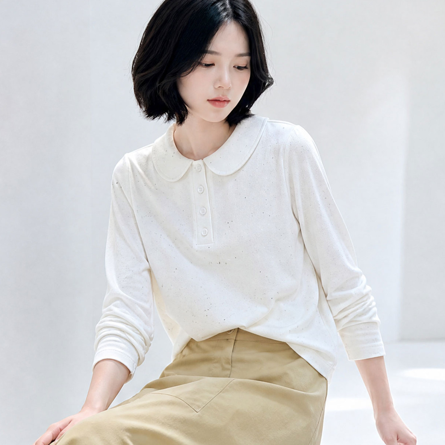 娃娃领polo衫2026年新款秋冬半开襟彩点叠穿T恤气质女宽松打底衫
