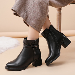 秋冬季高跟鞋加绒软底防滑棉皮鞋中年保暖二棉鞋女款妈妈真皮短靴