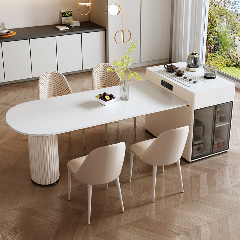 奶油风岩板岛台餐桌一体家用小户型可伸缩中岛台实木餐桌椅组合