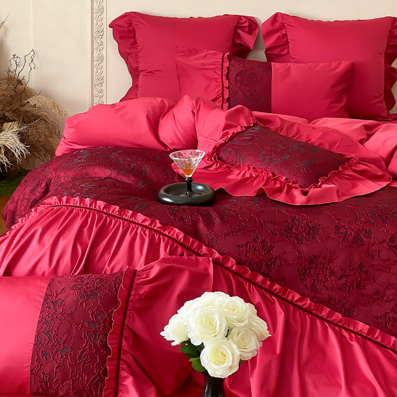 浪漫法式提花婚庆四件套全棉红色花边被套结婚陪嫁床单床上用品
