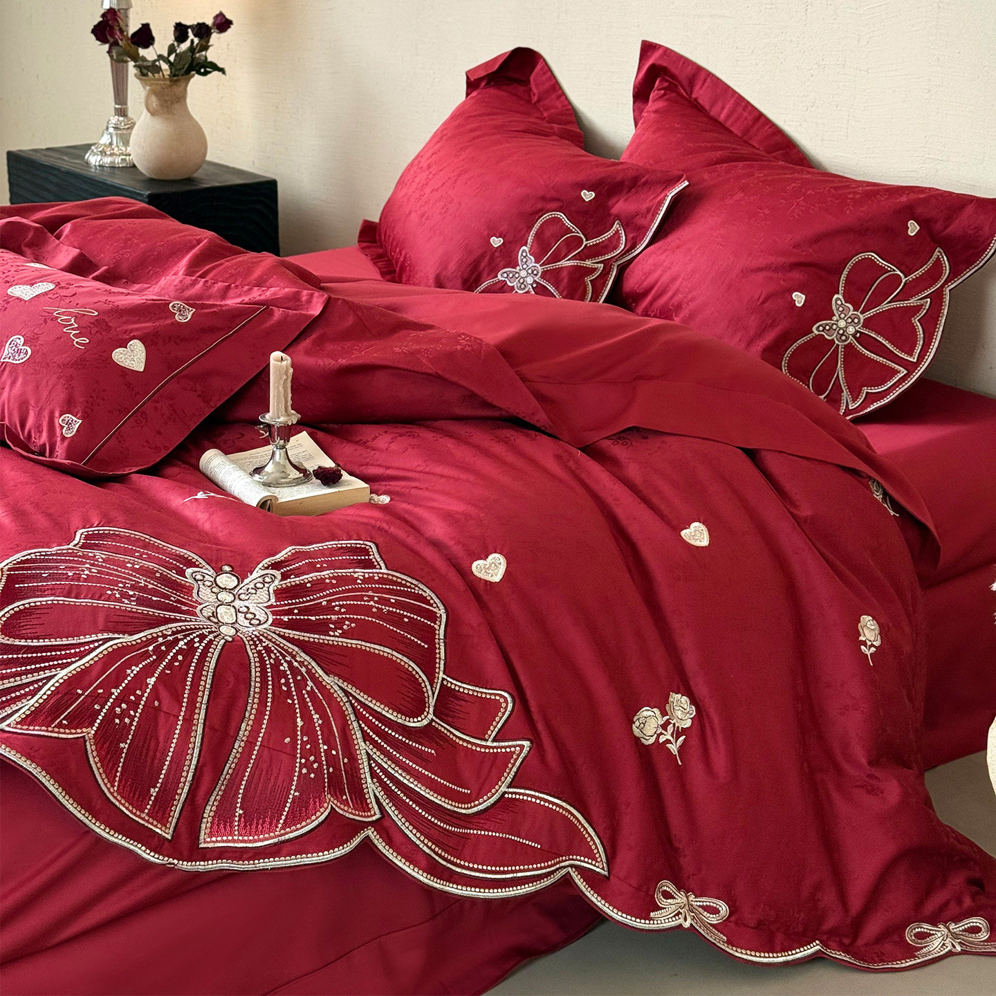 LANSWAY蝴蝶结爱心刺绣婚庆四件套全棉提花红色结婚被套床单床品