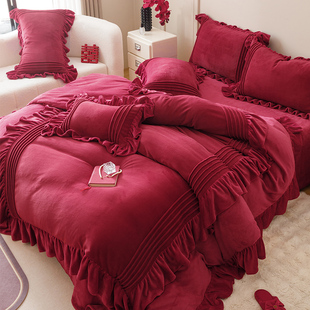 法式 花边牛奶绒婚庆四件套加厚保暖宝宝绒红色结婚被套床单床笠