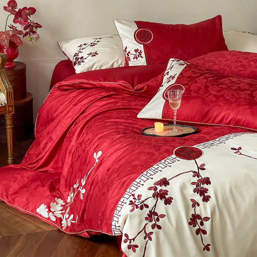 LANSWAY新中式花卉刺绣婚庆四件套复古撞色全棉红色结婚被套床单