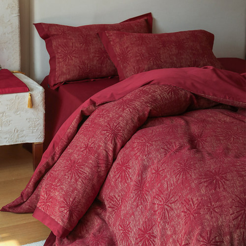 喜至福来轻奢风婚庆四件套全棉色织提花酒红色结婚被套床单床品