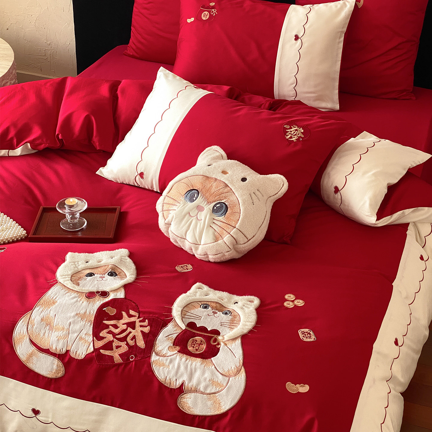 LANSWAY发财猫吉祥结婚红色被套床单全棉贴布绣长绒棉婚庆四件套