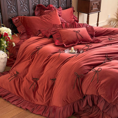 LANSWAY法式浪漫蕾丝花边婚庆四件套牛奶绒红色蝴蝶结婚被套床盖