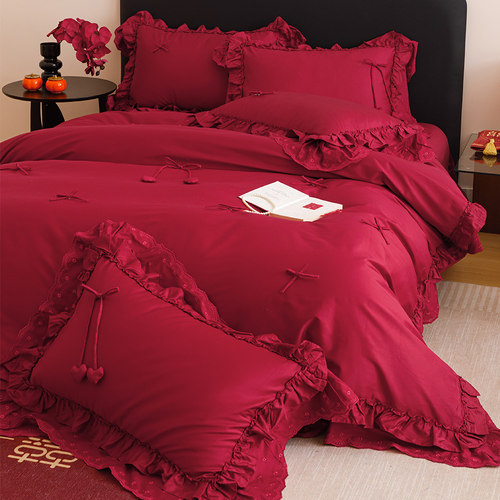 甜蜜之约婚庆四件套全棉立体蝴蝶结法式花边结婚被套床单床上用品