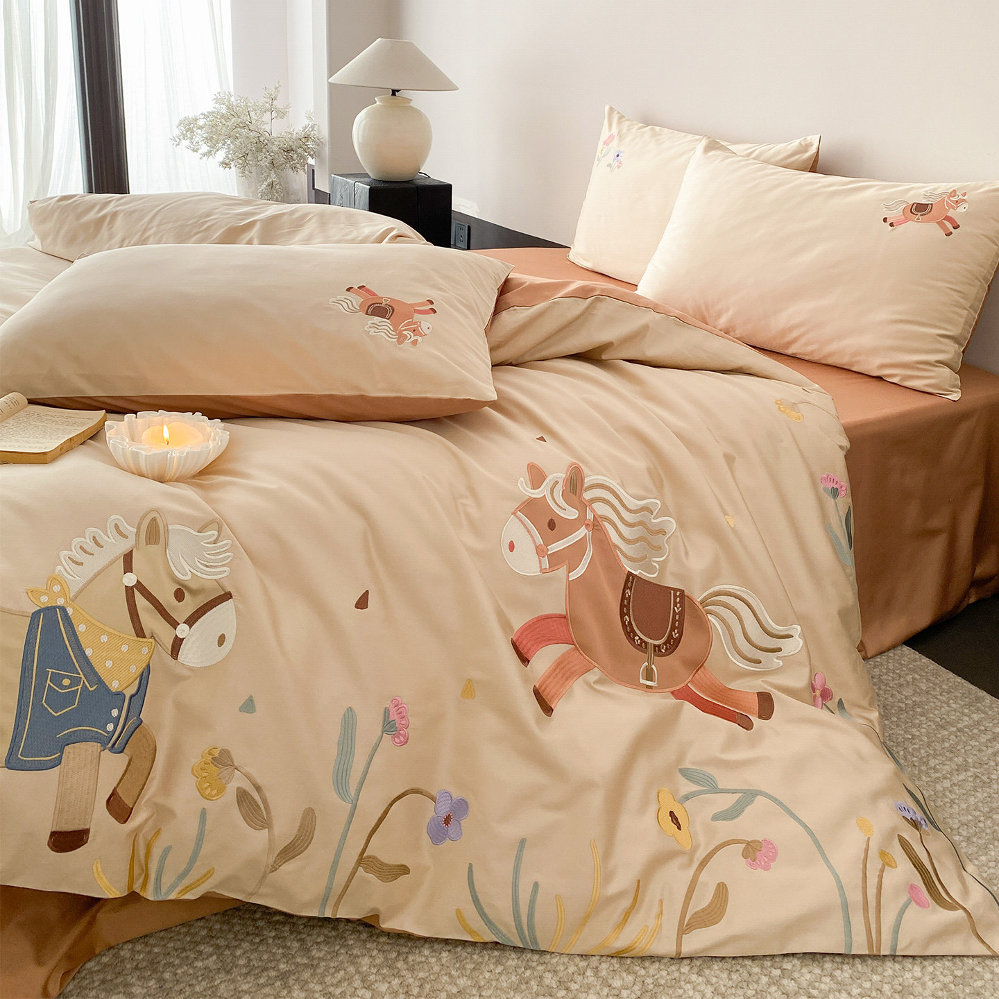 LANSWAY小马绣花春夏新品全棉四件套童趣卡通被套双人床单1.8床品,床上用品,床品套件/四件套/多件套,淘宝优惠券,粉丝福利购,淘宝优惠卷