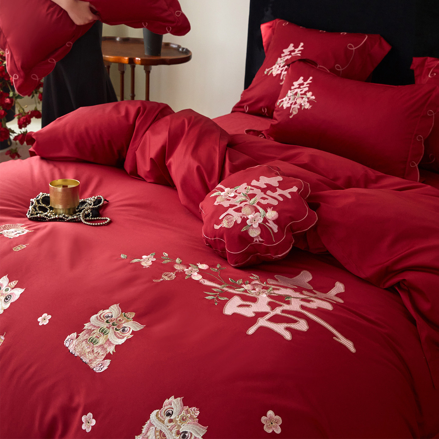 LANSWAY喜狮刺绣全棉新婚庆四件套长绒棉红色结婚被套陪嫁床单2.0,床上用品,婚庆床品套件,淘宝优惠券,粉丝福利购,淘宝优惠卷