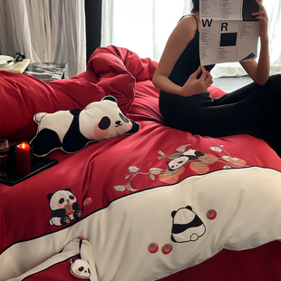 柿柿如意新年喜庆床上四件套全棉100支熊猫刺绣红色结婚被套床单