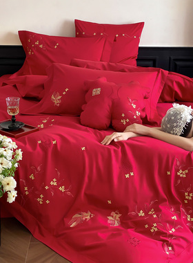 金枝玉叶喜庆结婚被套全棉绣花长绒棉红色新婚庆床单纯棉四件套