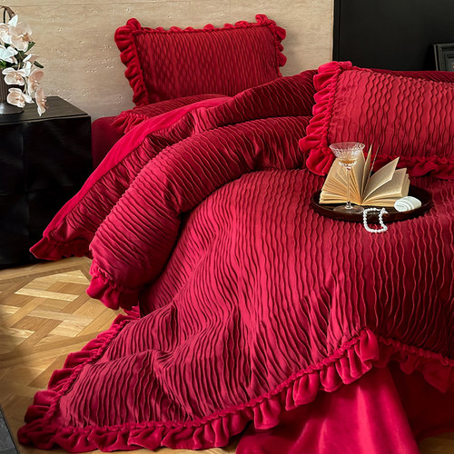 秋冬立体条纹牛奶绒四件套加厚保暖红色花边结婚被套婚庆床单床品
