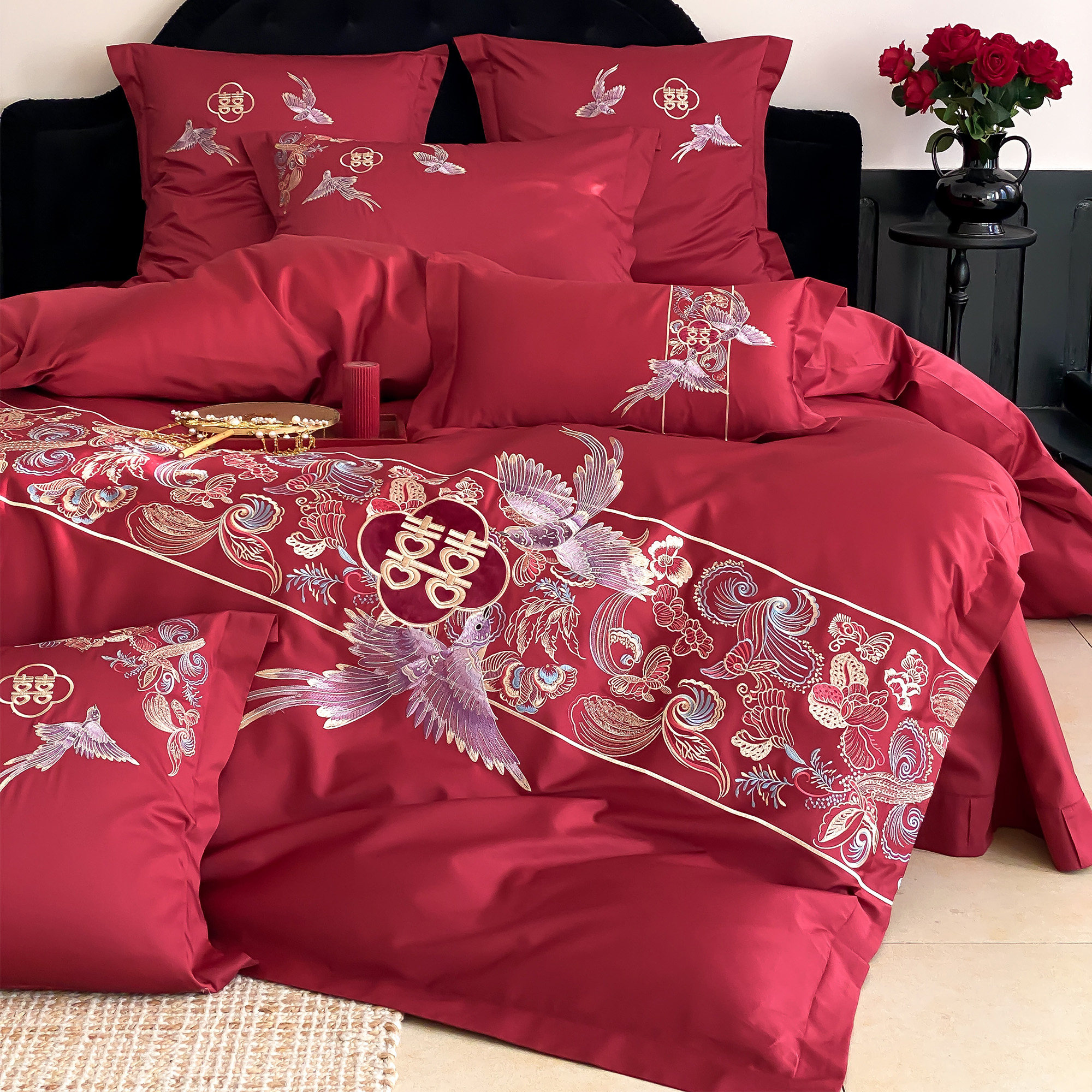 新中式喜鹊双喜婚庆四件套全棉刺绣红色结婚被套纯棉床单1.8床笠