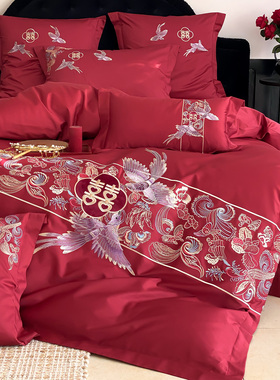 新中式喜鹊双喜婚庆四件套全棉刺绣红色结婚被套纯棉床单1.8床笠