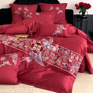 新中式 喜鹊双喜婚庆四件套全棉刺绣红色结婚被套纯棉床单1.8床笠