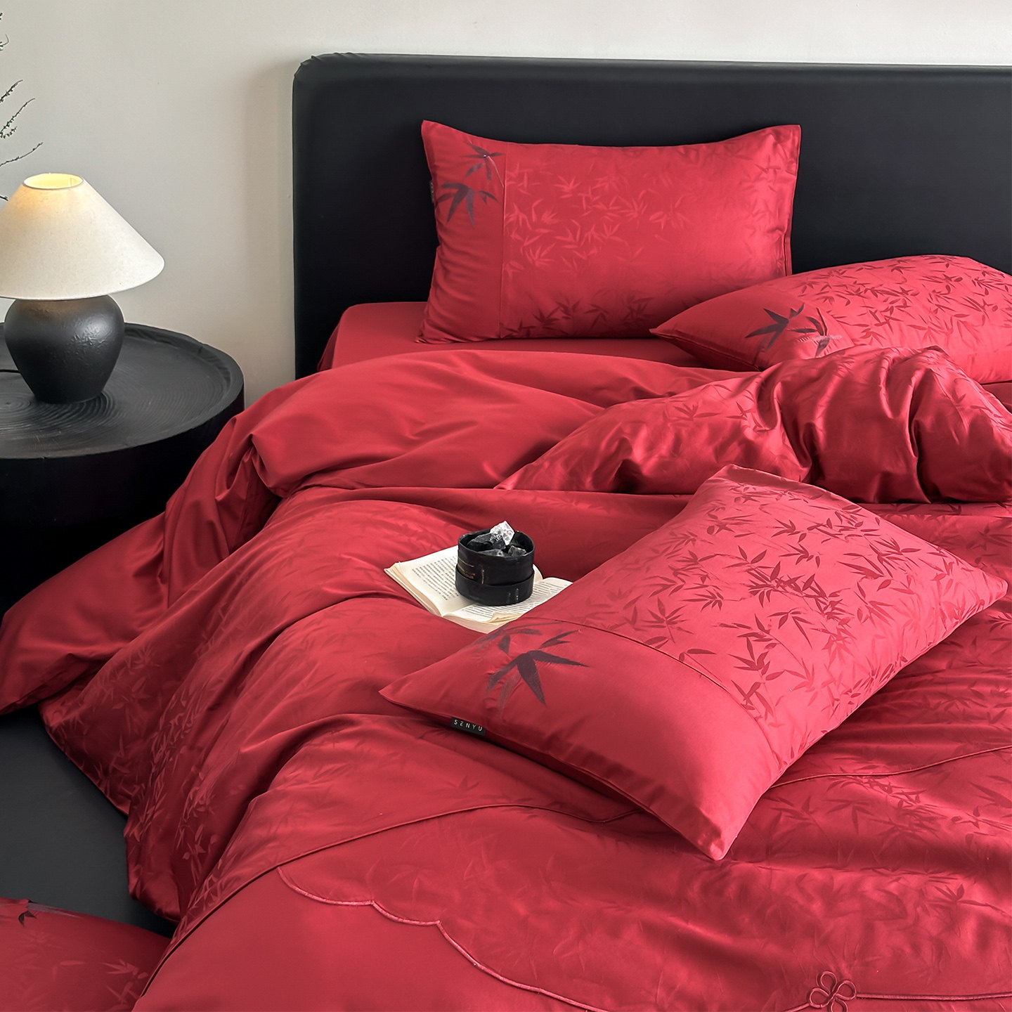 LANSWAY竹韵江南绣花红色陪嫁被套床单简约中式提花结婚庆四件套
