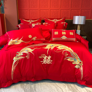 婚庆被套喜字金色刺绣红色结婚床单100支纯棉陪嫁床上四件套 中式