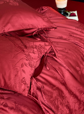 轻奢精美提花婚庆四件套绑带枕套100S长绒棉红色结婚被套床单床笠
